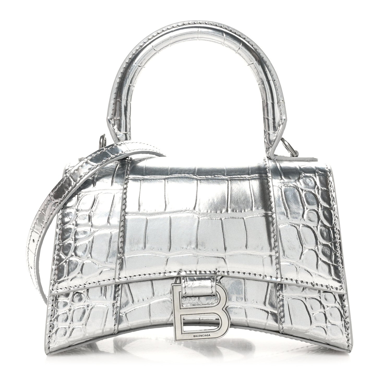 Metallic Calfskin Crocodile Embossed Hourglass Top Handle Bag XS Silver