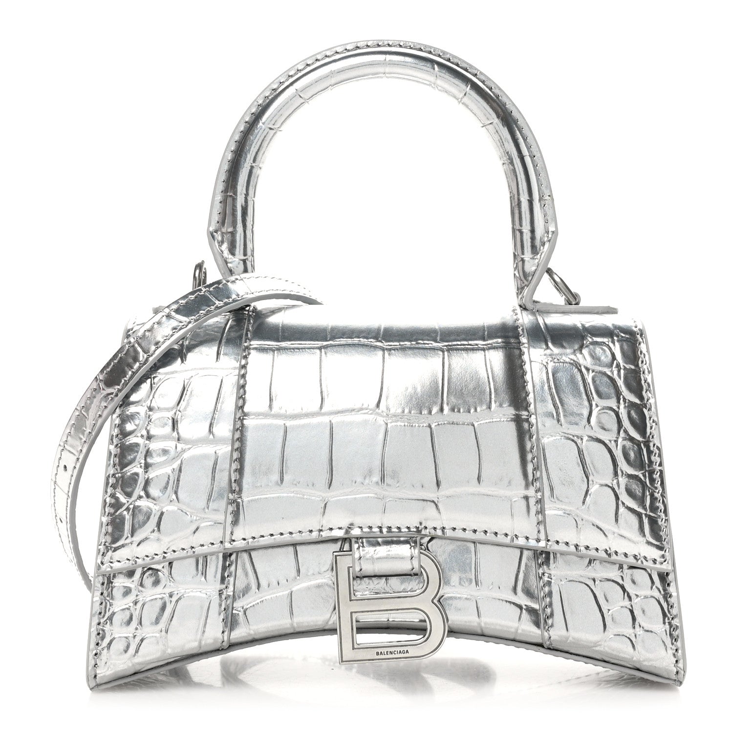 Balenciaga Metallic Calfskin Crocodile Embossed Hourglass Top Handle Bag XS Silver 1 of 10