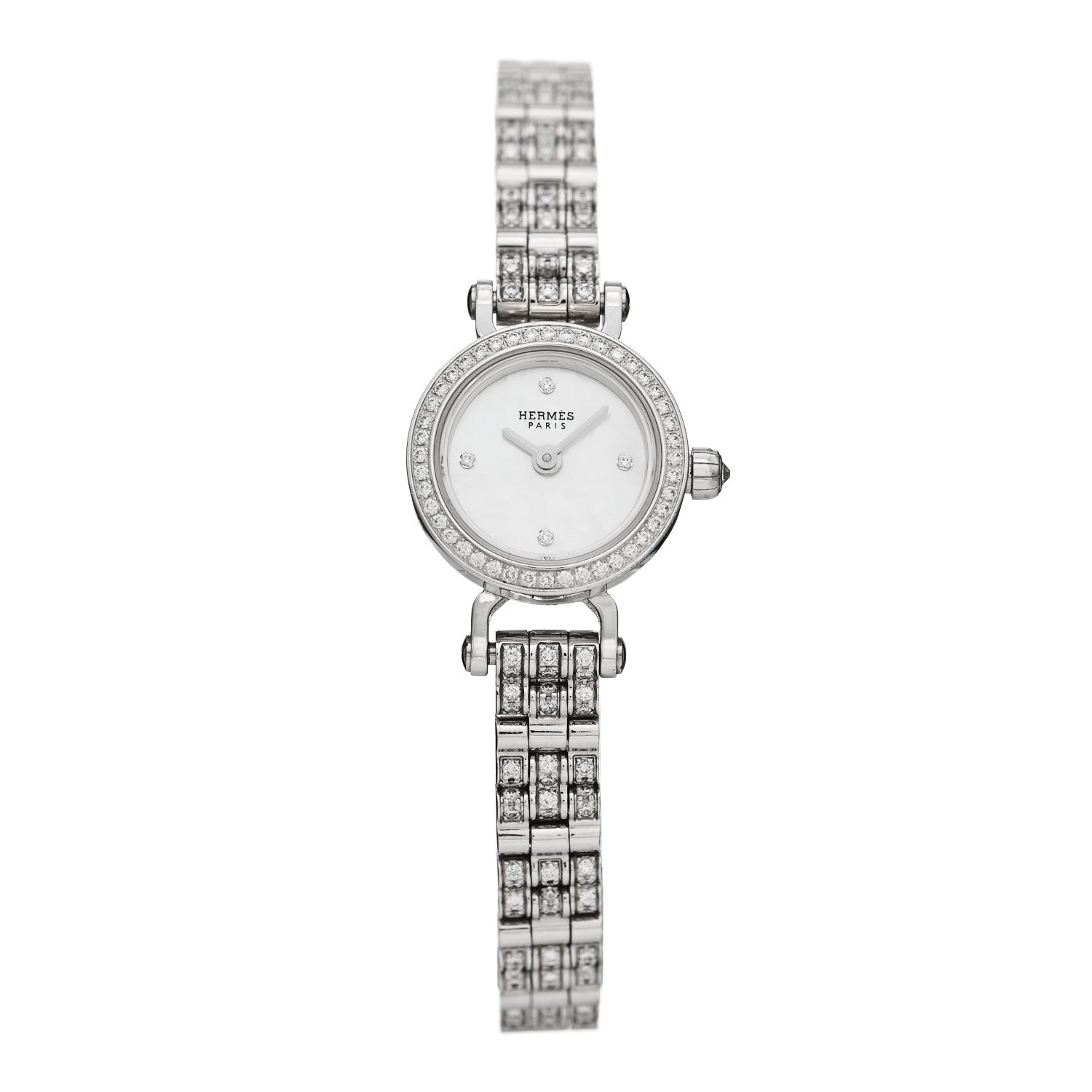 Hermes 18K White Gold Diamond Pave Mother of Pearl 16mm Faubourg Quartz Watch 1 of 5