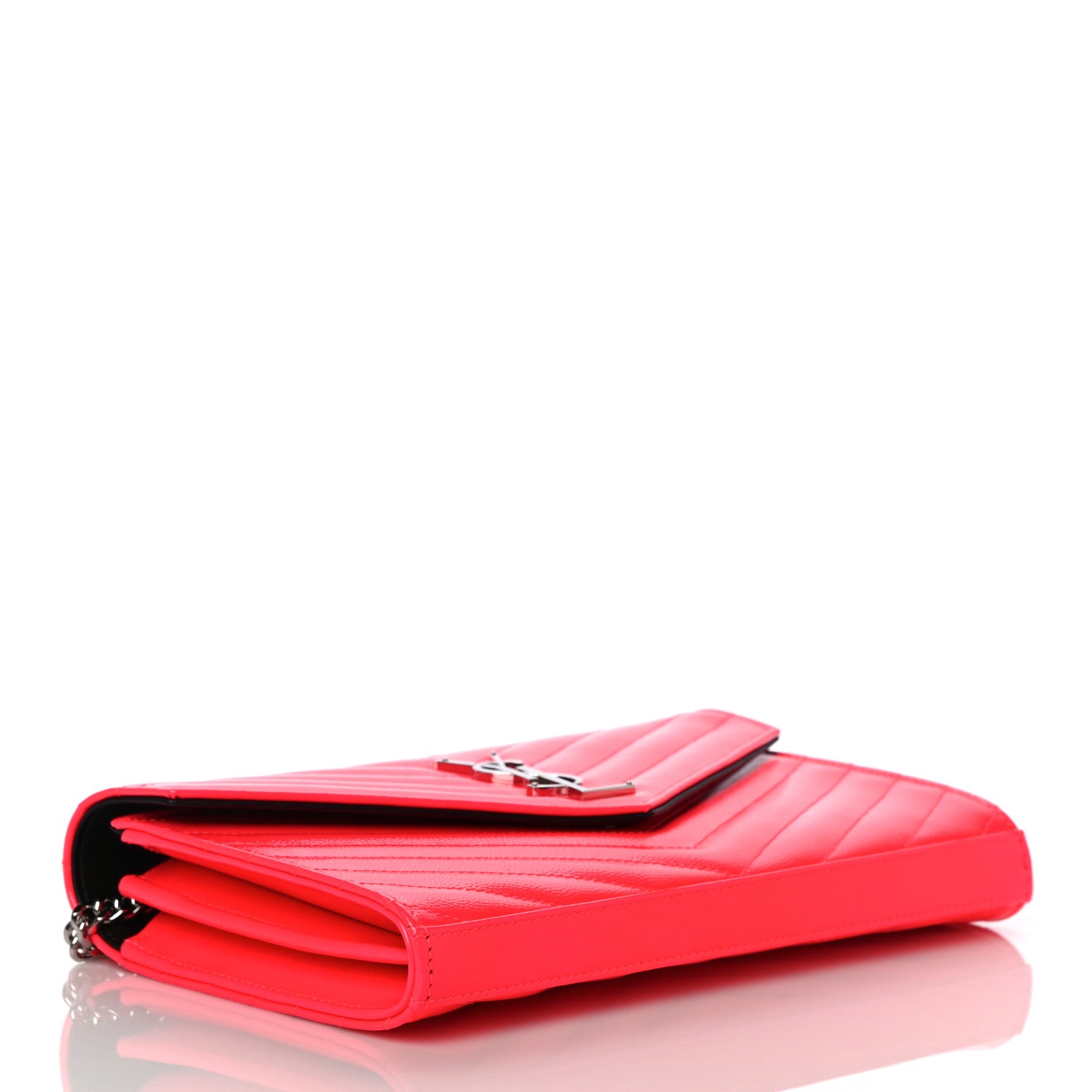 Saint Laurent Patent Grain De Poudre Matelasse Chevron Monogram Chain Wallet Neon Pink 4 of 12