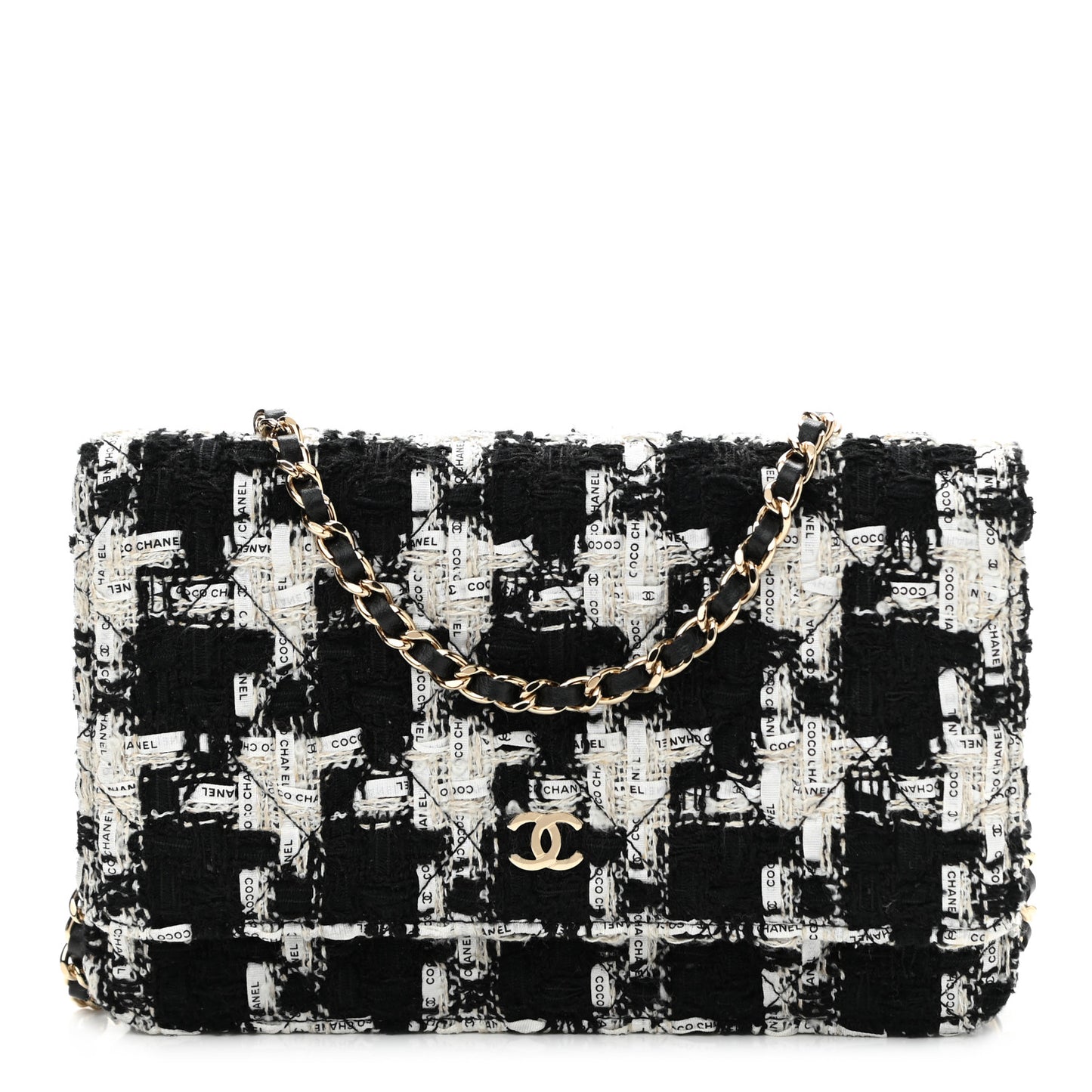 Tweed Quilted Wallet On Chain WOC Black Ecru White