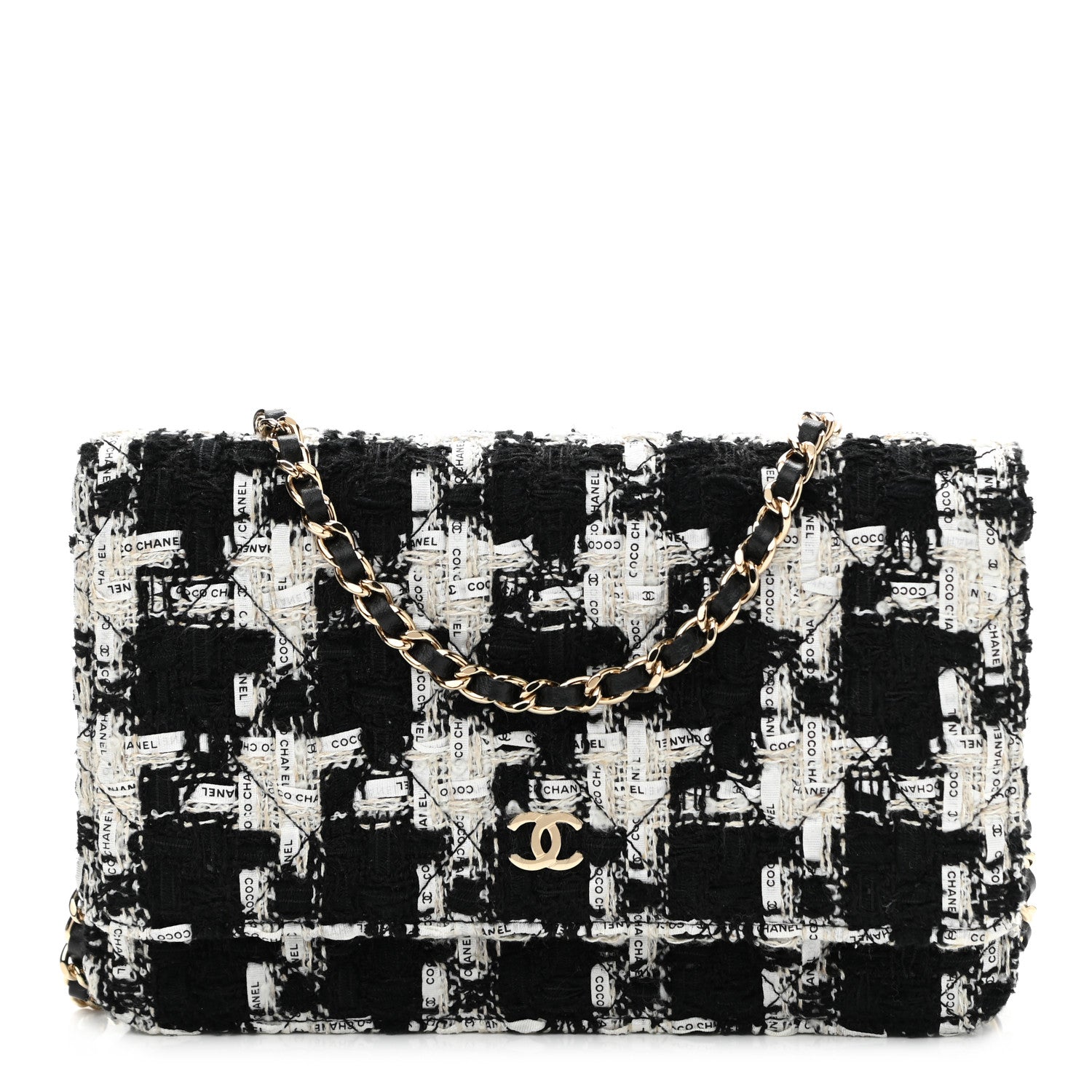 Chanel Tweed Quilted Wallet On Chain WOC Black Ecru White 1 of 12