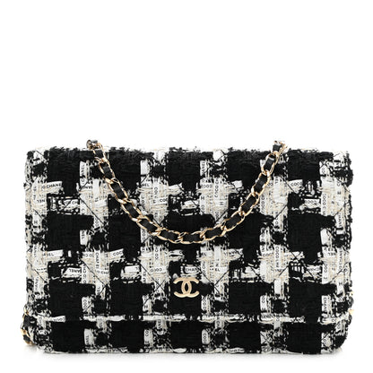 Chanel Tweed Quilted Wallet On Chain WOC Black Ecru White 1 of 12