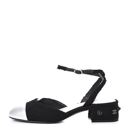 Chanel Tweed Iridescent Calfskin Cap Toe CC Slingback Pumps 39 Black Silver 1 of 9
