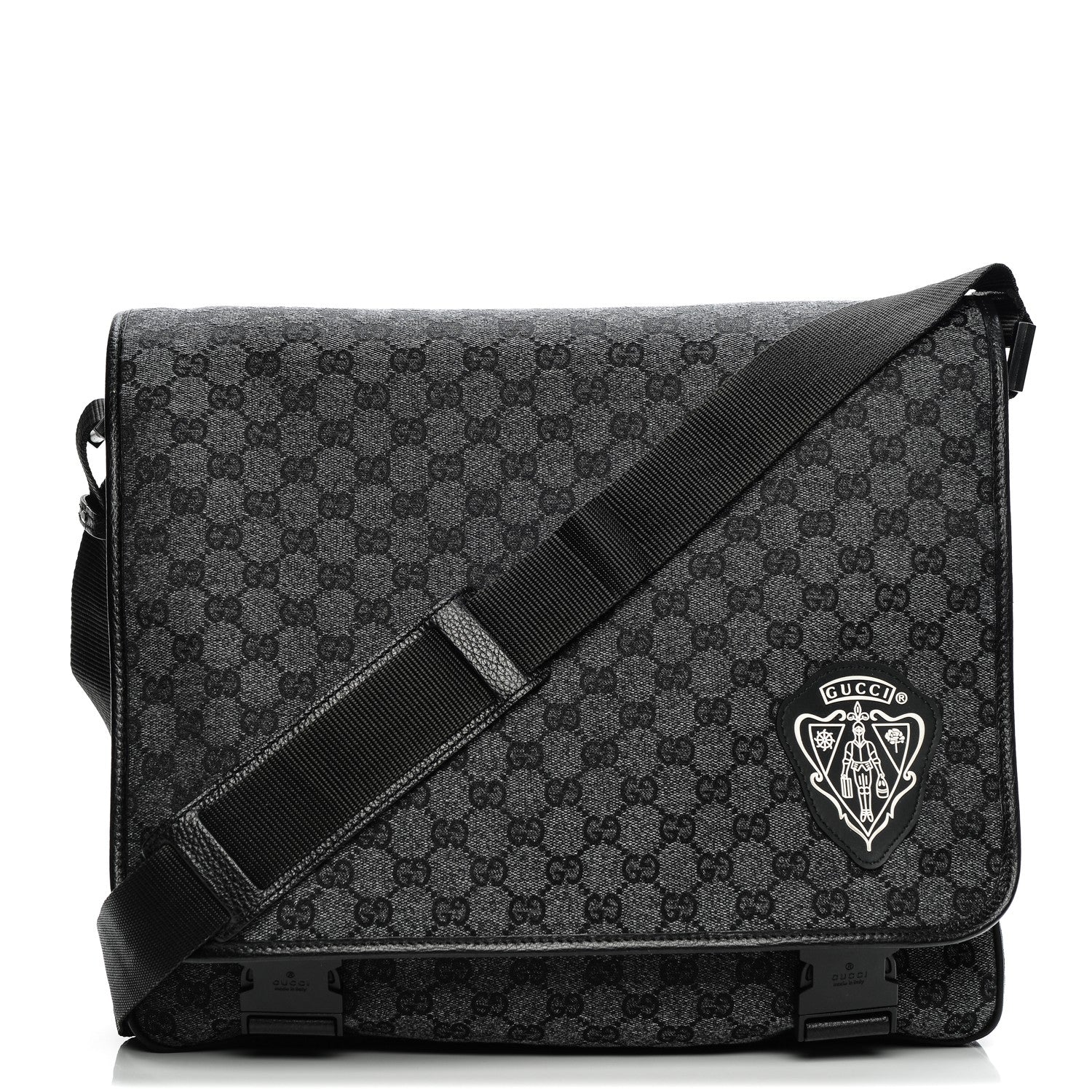 Gucci Denim Monogram Hysteria Double Buckle Flap Messenger Bag 1 of 8
