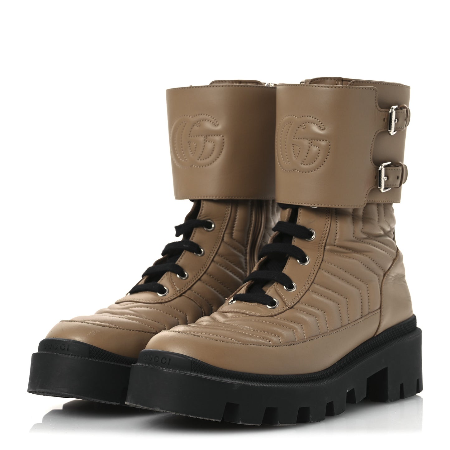 Nappa Frances GG Matelasse Platform Combat Boots 38.5 Natural Tan