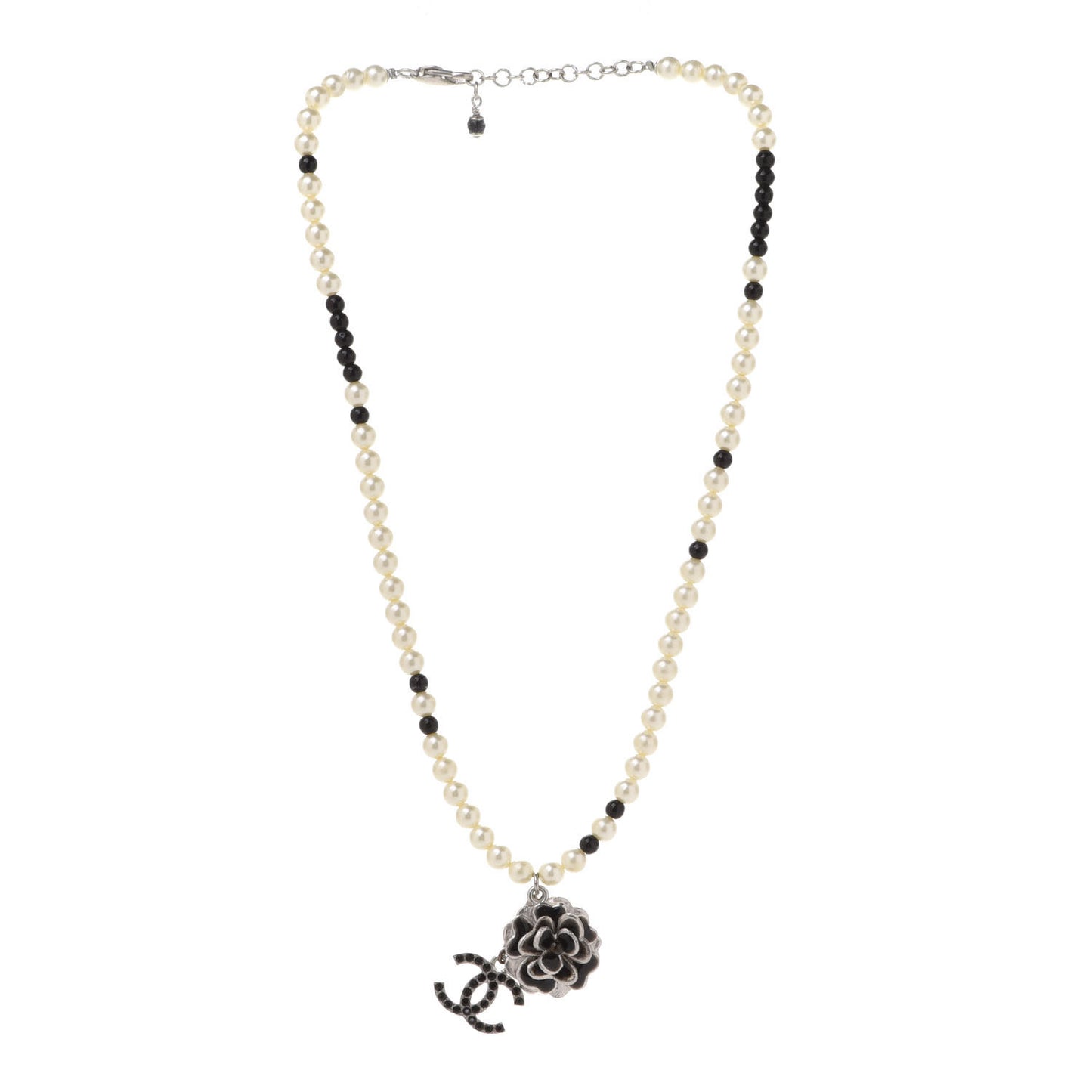Crystal Pearl Enamel Beaded Camellia CC Necklace Silver Black