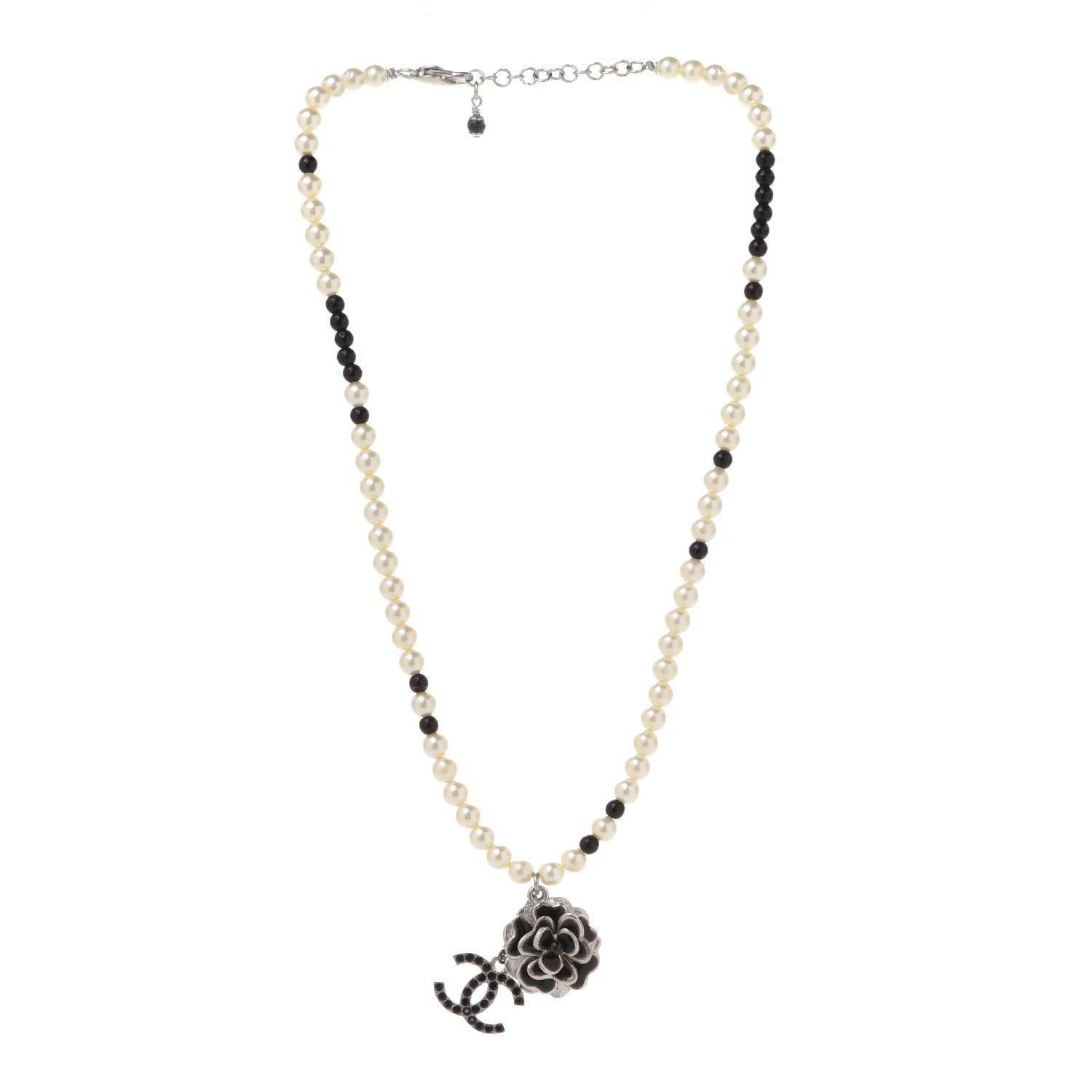 Chanel Crystal Pearl Enamel Beaded Camellia CC Necklace Silver Black 3 of 6