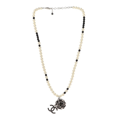 Chanel Crystal Pearl Enamel Beaded Camellia CC Necklace Silver Black 3 of 6