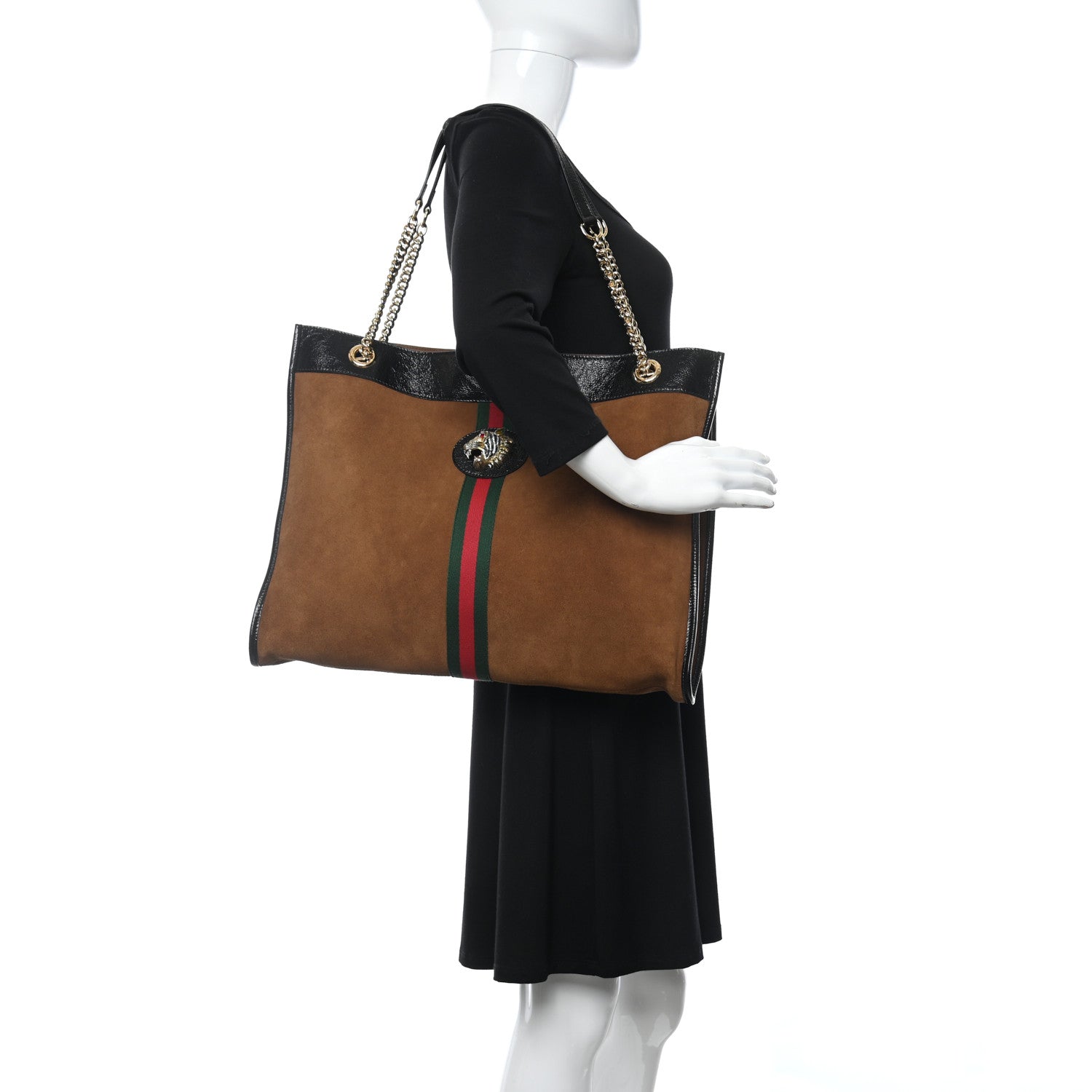 Gucci Suede Patent Large Rajah Chain Tote Nocciola Black 2 of 10