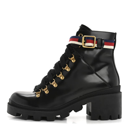 Gucci Calfskin Sylvie Web Womens Lace Up Combat Boots 38 Black 1 of 9
