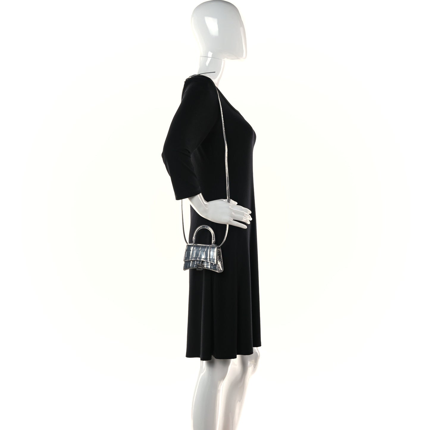 Metallic Calfskin Crocodile Embossed Hourglass Top Handle Bag Mini Silver
