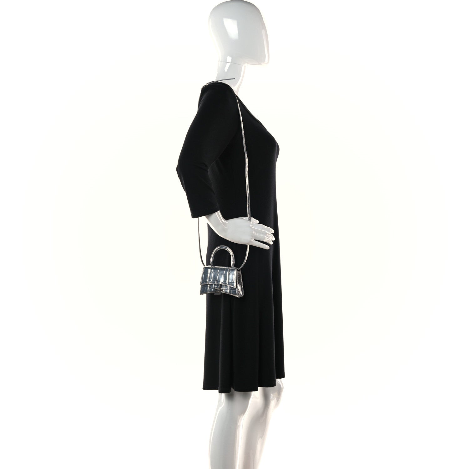 Balenciaga Metallic Calfskin Crocodile Embossed Hourglass Top Handle Bag Mini Silver 2 of 9