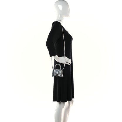 Balenciaga Metallic Calfskin Crocodile Embossed Hourglass Top Handle Bag Mini Silver 2 of 9