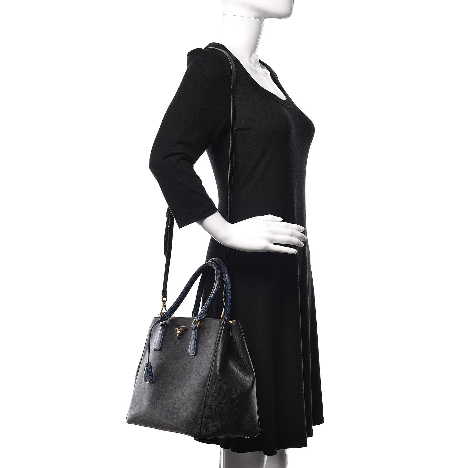Prada Saffiano Crocodile Medium Galleria Double Zip Tote Black Bleuette 2 of 8
