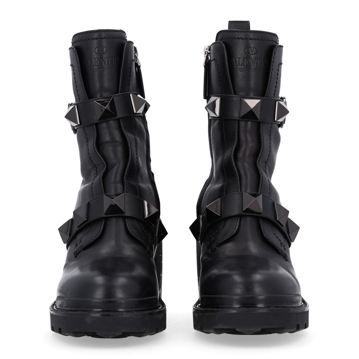 Calfskin Tonal Roman Stud Combat Boots 38.5 Black