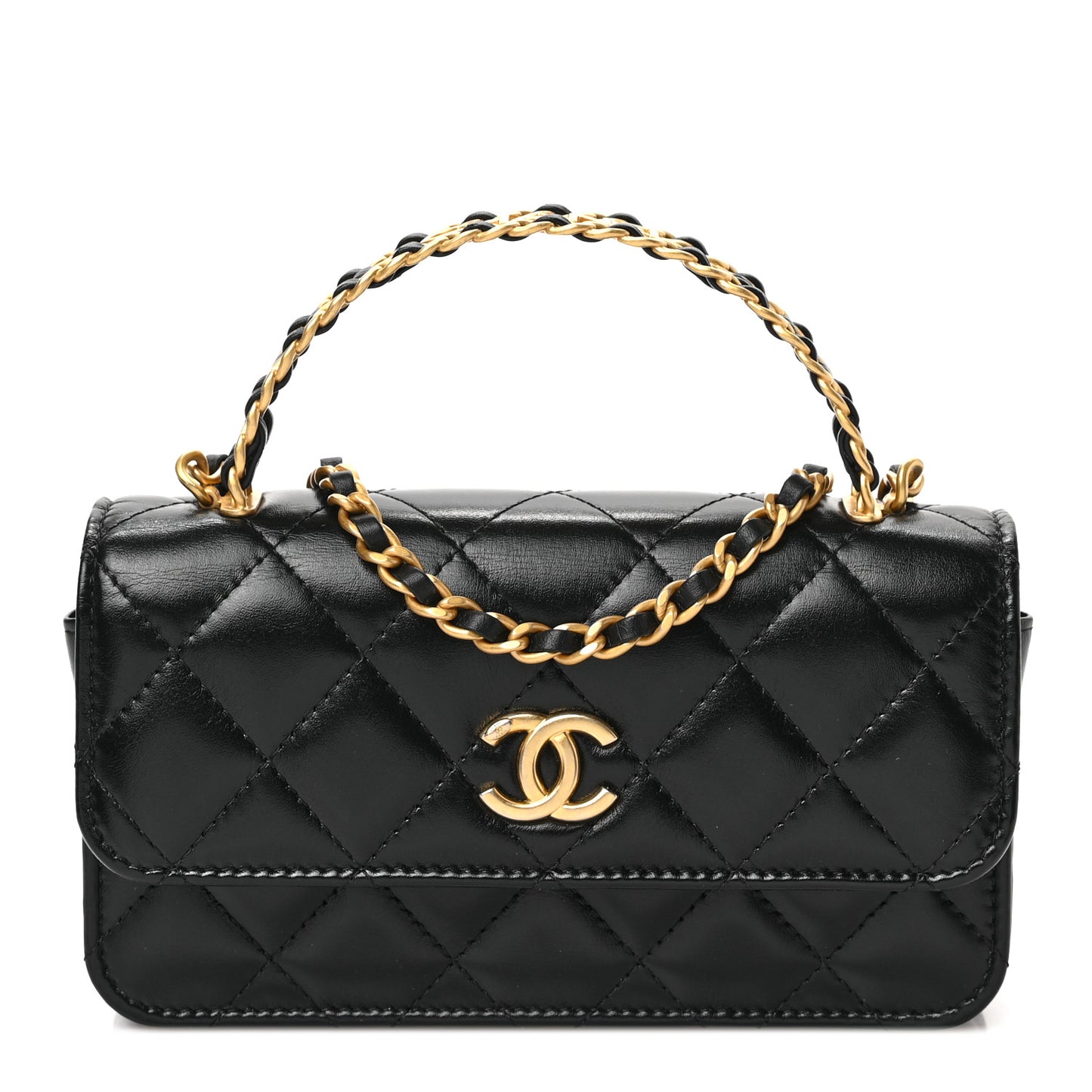 Shiny Calfskin Quilted Top Handle Flap Phone Holder With Chain Black