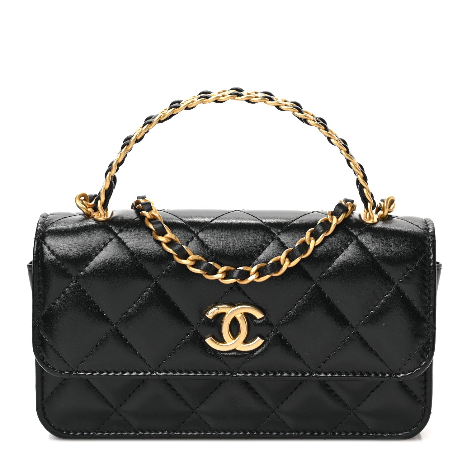Chanel Shiny Calfskin Quilted Top Handle Flap Phone Holder With Chain Black 1 of 11