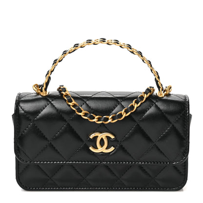 Chanel Shiny Calfskin Quilted Top Handle Flap Phone Holder With Chain Black 1 of 11