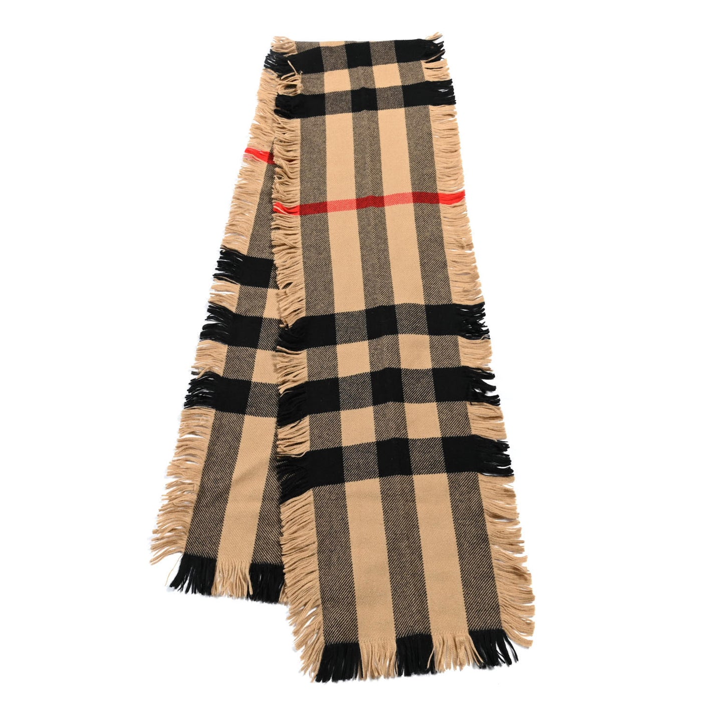 Wool Half Mega Check Fringe Scarf Camel