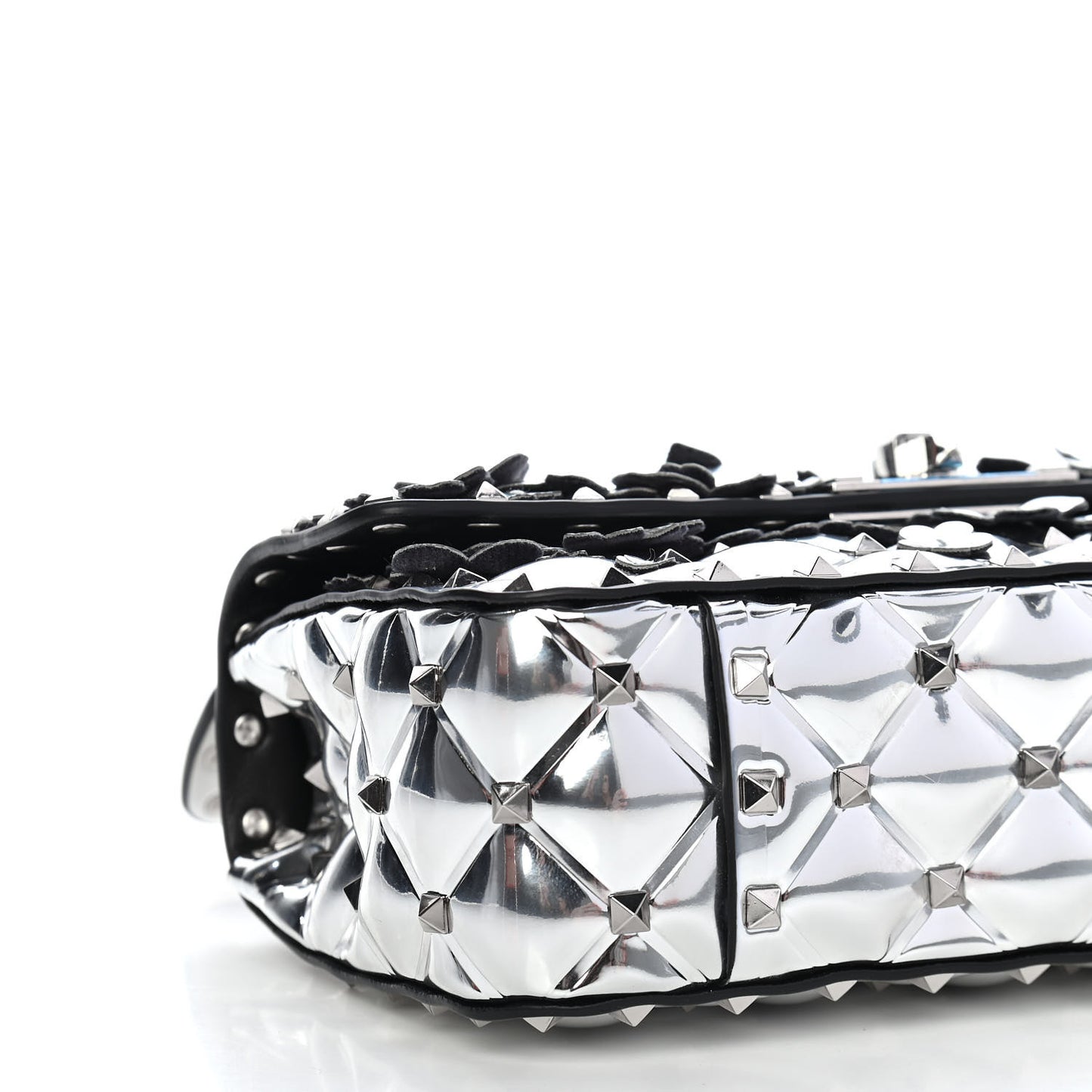 Metallic Polymer Small Rockstud Flower Spike It Shoulder Bag Silver