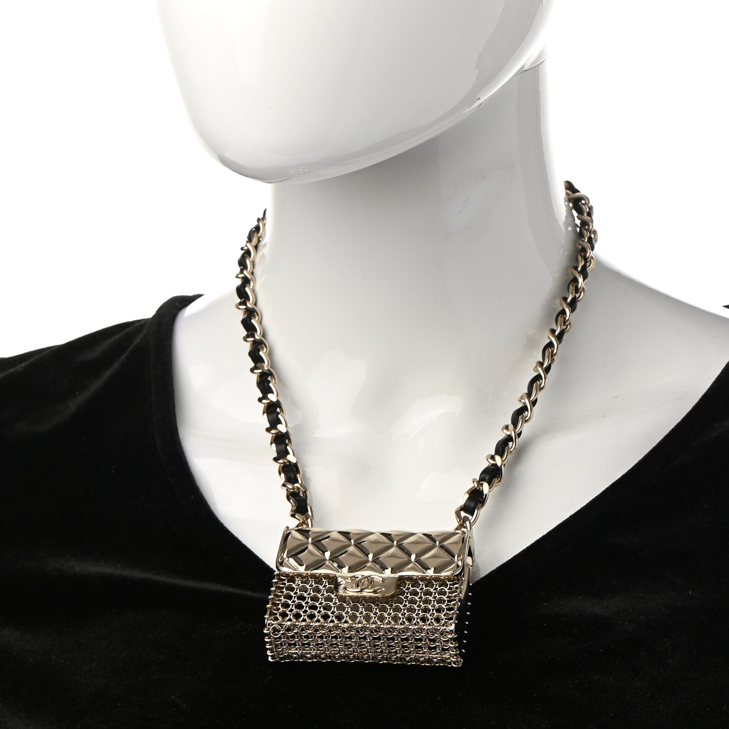 Chanel Metal Lambskin Chain Micro Bag Necklace Gold Black 2 of 6