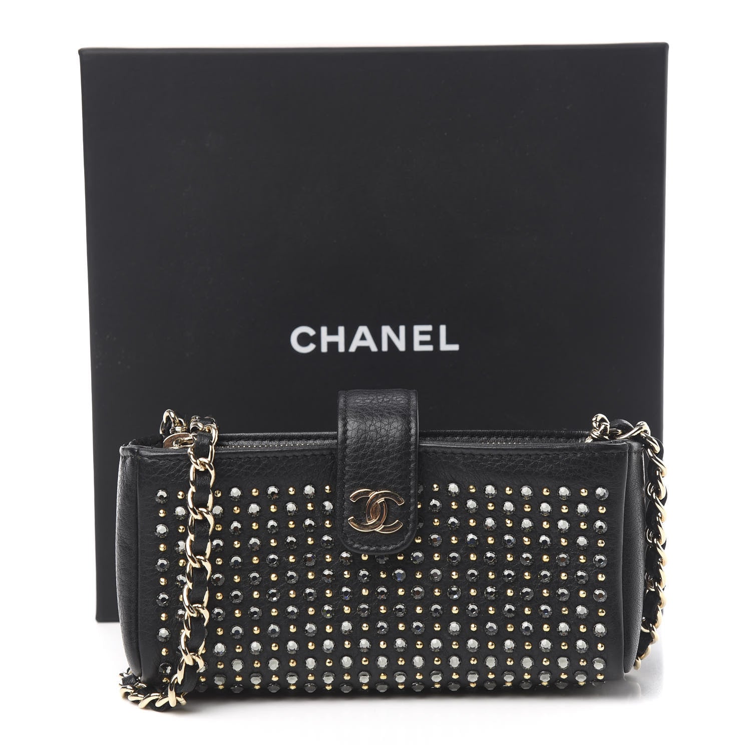 Chanel Calfskin Strass Studded Mini Phone Holder Clutch Black 11 of 11