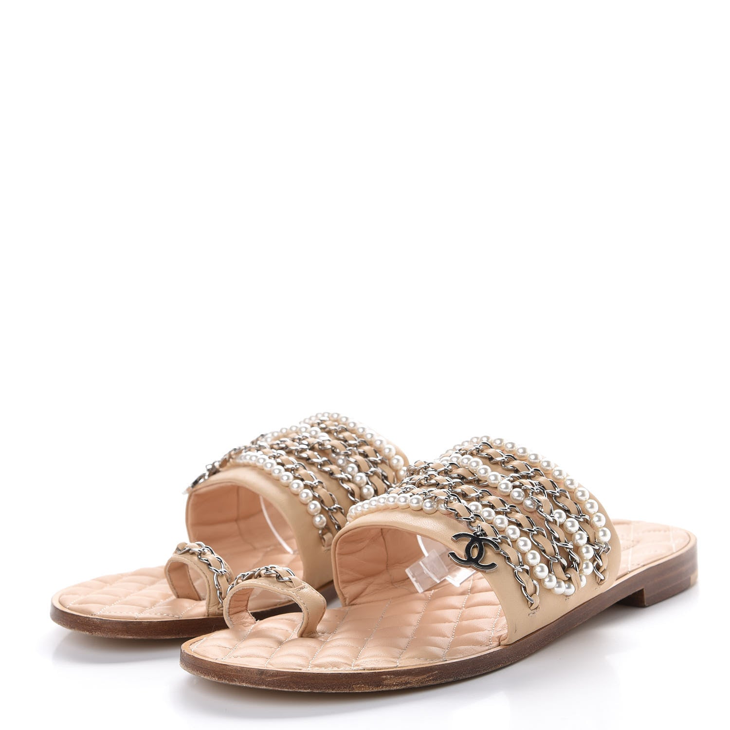 Chanel Lambskin Pearl Chain Flat Sandals 41 Beige 2 of 12