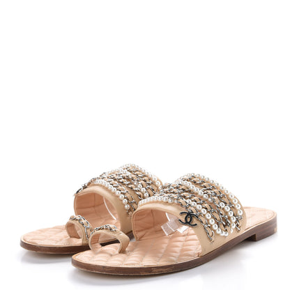 Chanel Lambskin Pearl Chain Flat Sandals 41 Beige 2 of 12