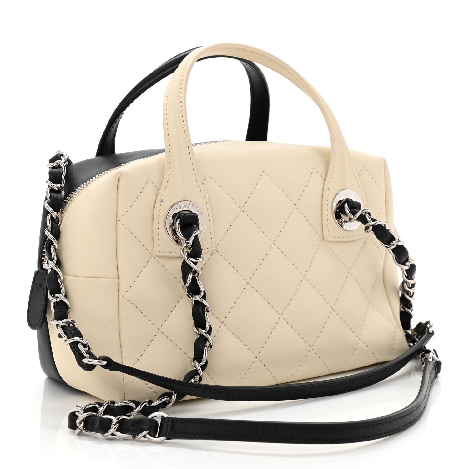 Chanel Calfskin Quilted Feather Weight Bowling Bag Black Ivory 3 of 10