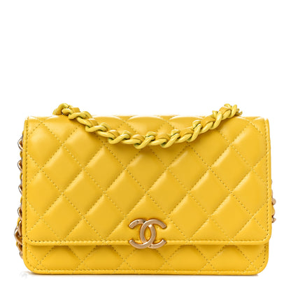Chanel Lambskin Resin Quilted Wallet On Chain WOC Yellow 1 of 12