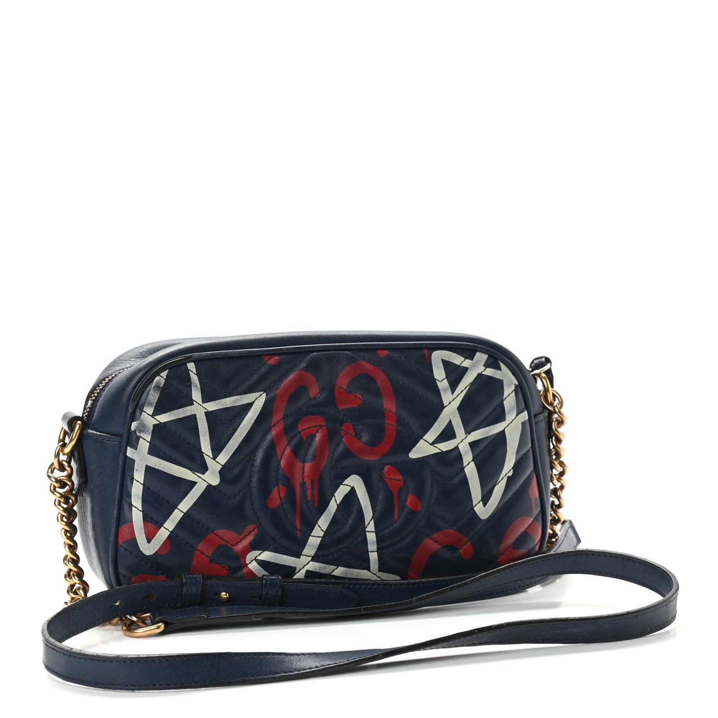 Calfskin Matelasse GucciGhost Small GG Marmont Chain Shoulder Bag Blue Agata Hibiscus Red