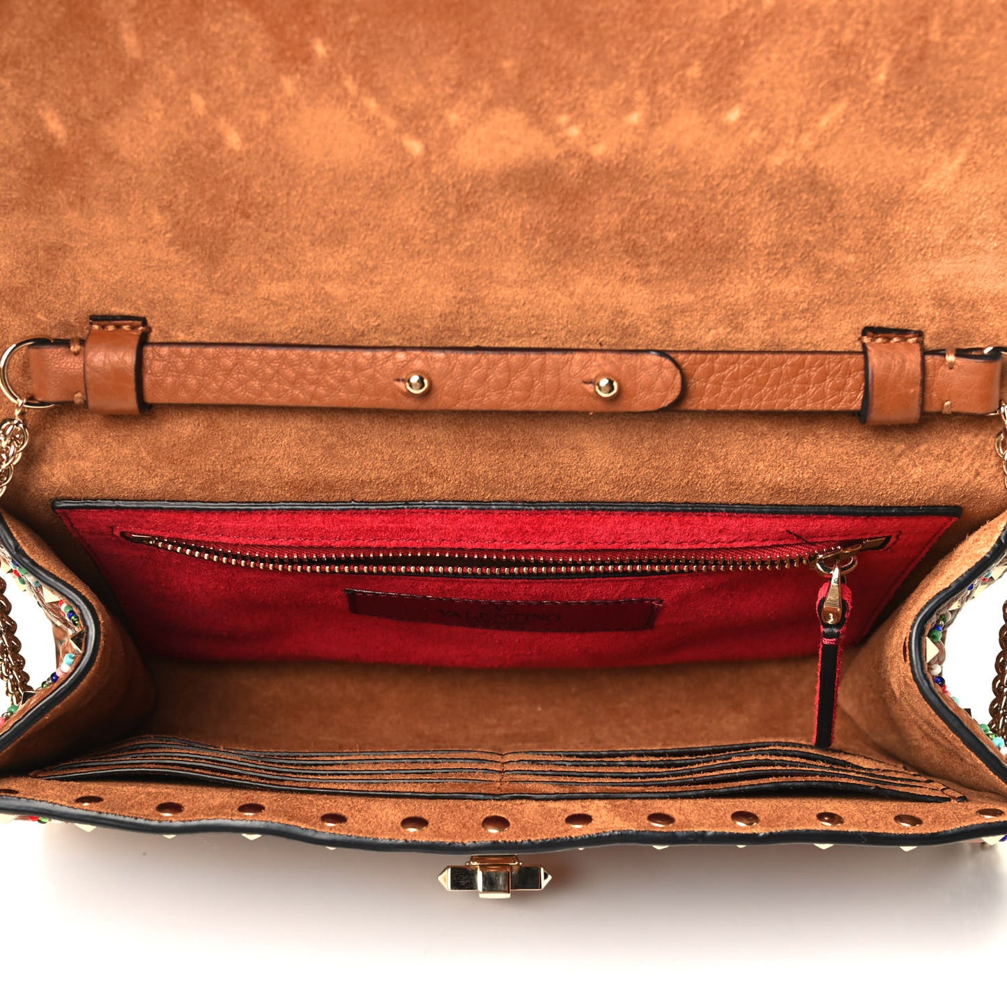 Grained Calfskin Beaded Rockstud Spike Wallet on Chain Light Cuir