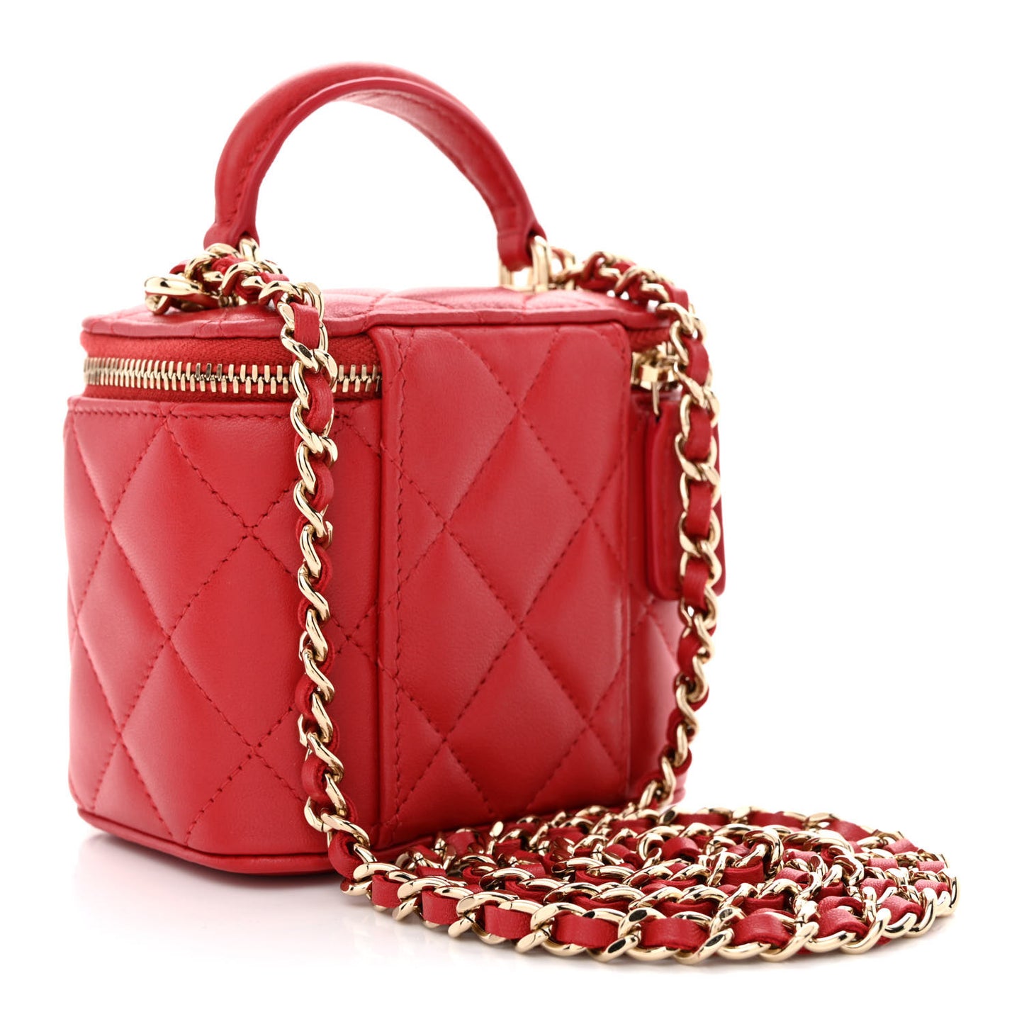 Lambskin Quilted Top Handle Mini Vanity Case With Chain Red