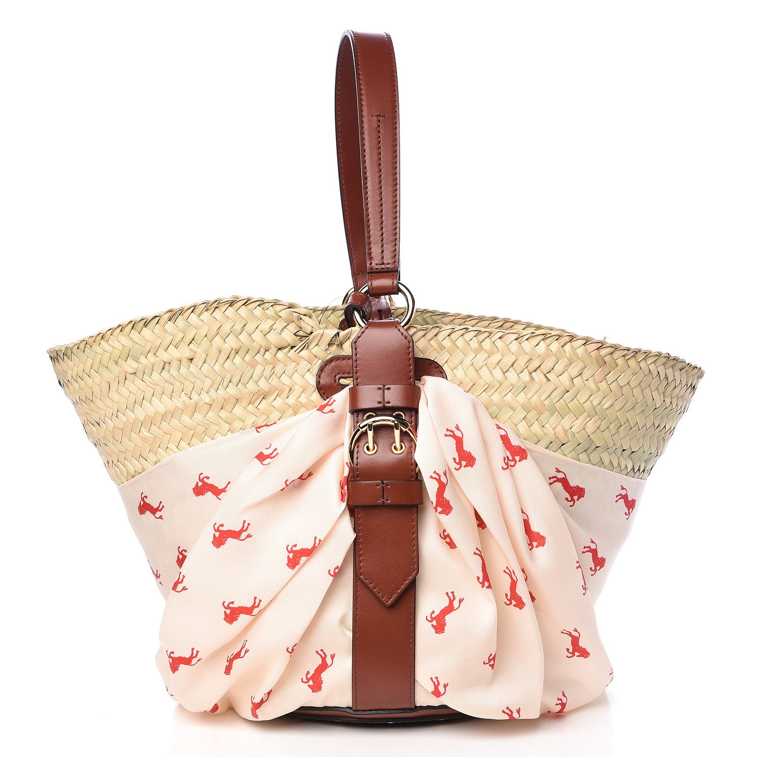 Chloe Smooth Calfskin Raffia Little Horses Medium Panier Basket White Red 3 of 12