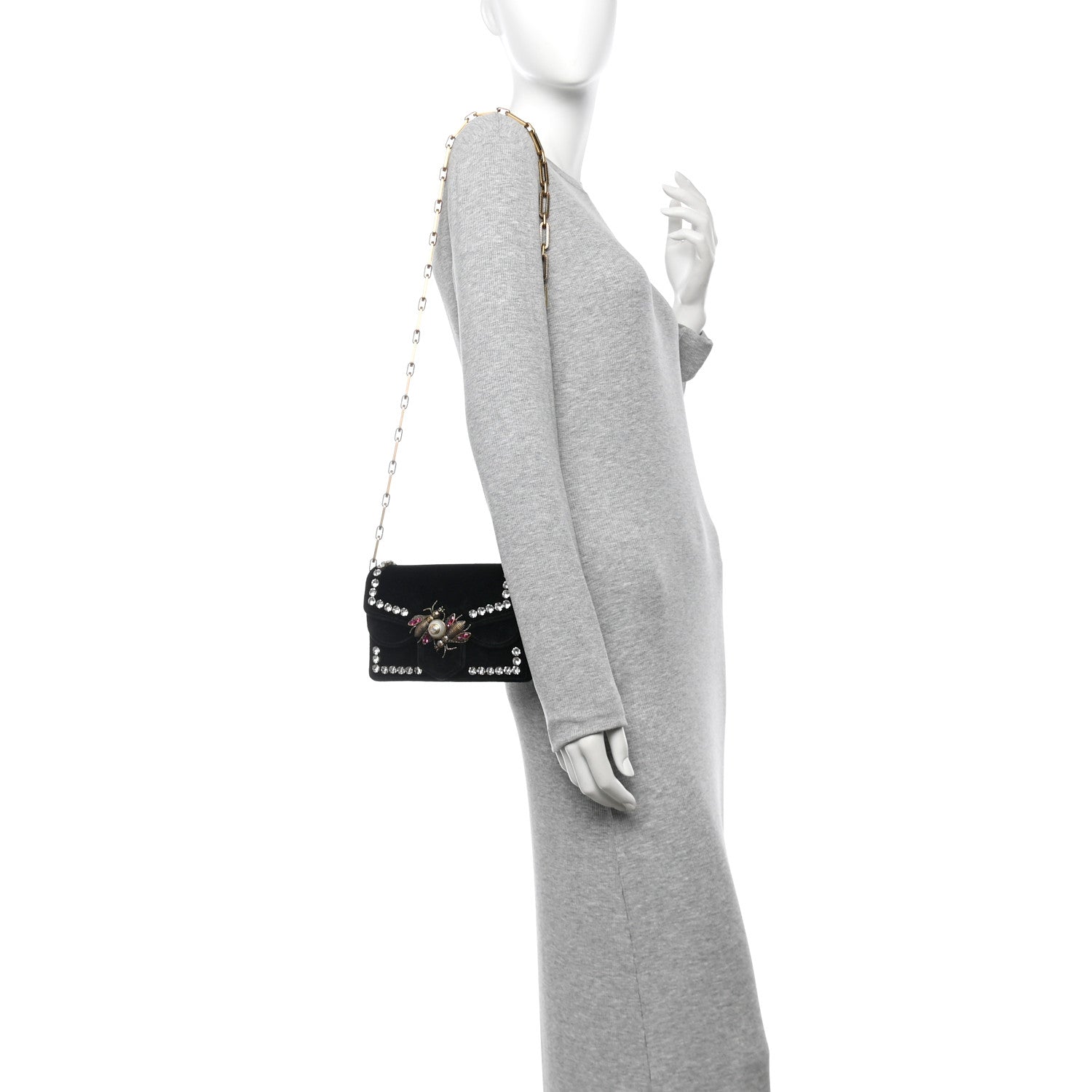 Gucci Velvet Crystal Mini Bee Broadway Shoulder Bag Black 2 of 11
