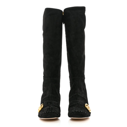 Gucci Kid Scamosciato GG Marmont Fringe Knee High Boots 40 Black 2 of 15
