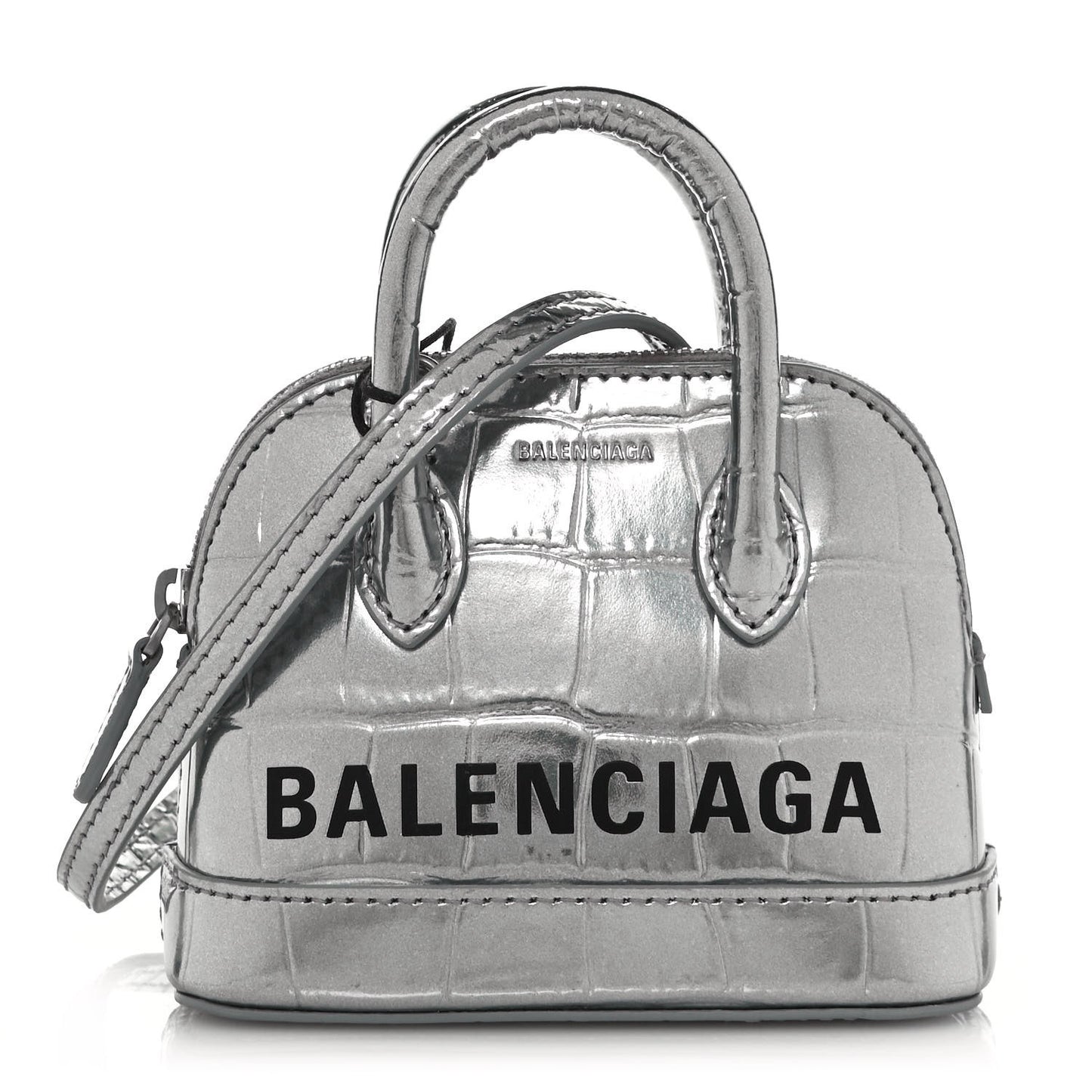 Metallic Calfskin Logo Crocodile Embossed Mini Ville Top Handle Bag Silver Black