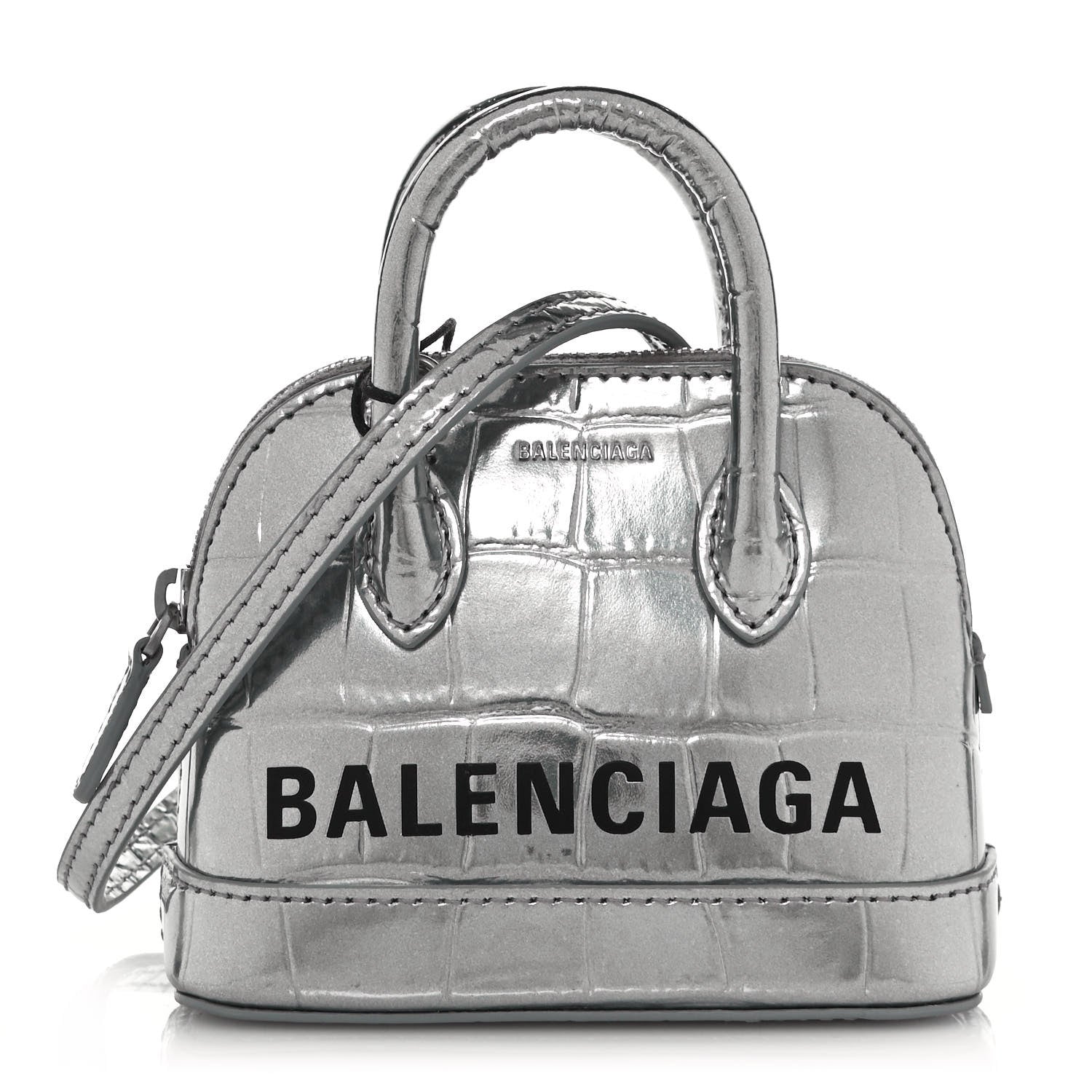 Balenciaga Metallic Calfskin Logo Crocodile Embossed Mini Ville Top Handle Bag Silver Black 1 of 12