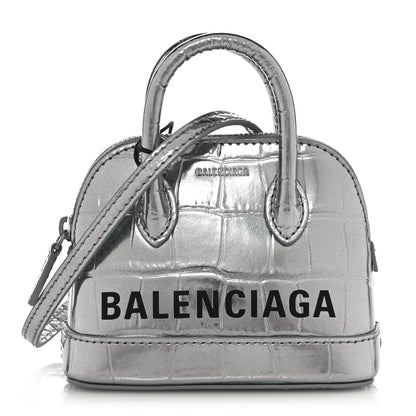 Balenciaga Metallic Calfskin Logo Crocodile Embossed Mini Ville Top Handle Bag Silver Black 1 of 12