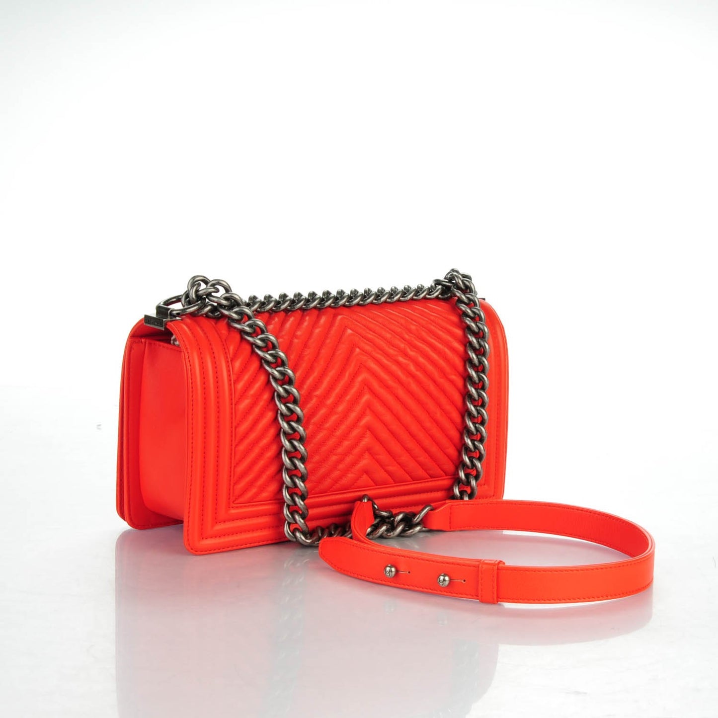 Wrinkled Lambskin Chevron Quilted Medium Boy Flap Orange