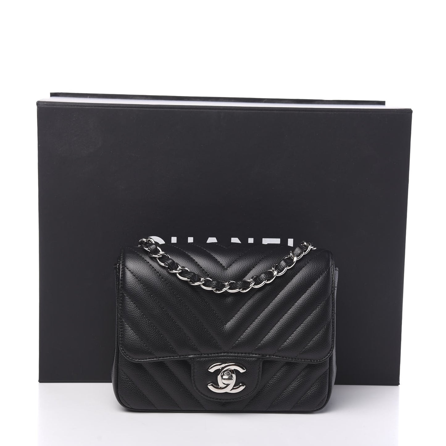Caviar Chevron Quilted Mini Square Flap Black