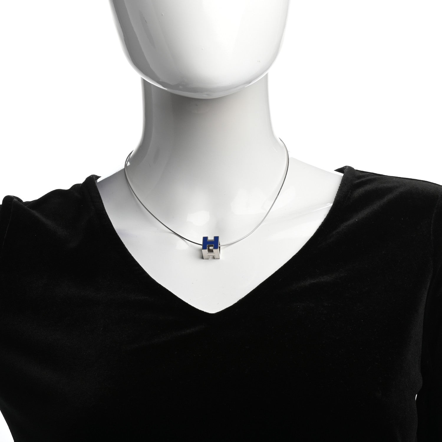 Hermes Lacquered Palladium Cage d'H Pendant Necklace Royal Bleu 2 of 5