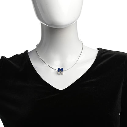 Hermes Lacquered Palladium Cage d'H Pendant Necklace Royal Bleu 2 of 5
