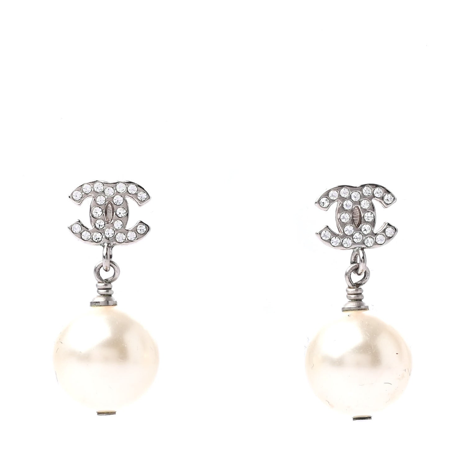 Crystal Pearl CC Drop Earrings Silver