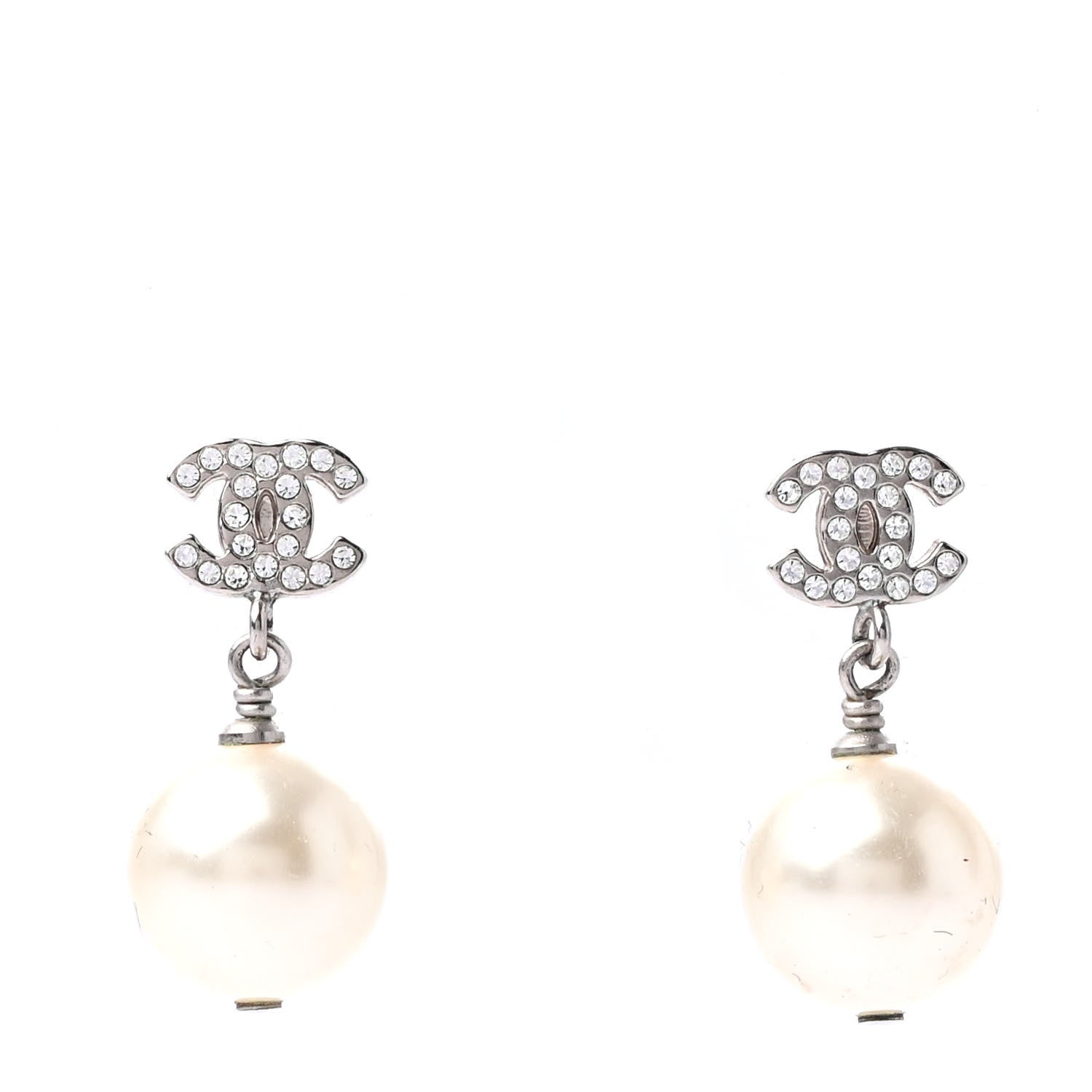 Chanel Crystal Pearl CC Drop Earrings Silver 1 of 4