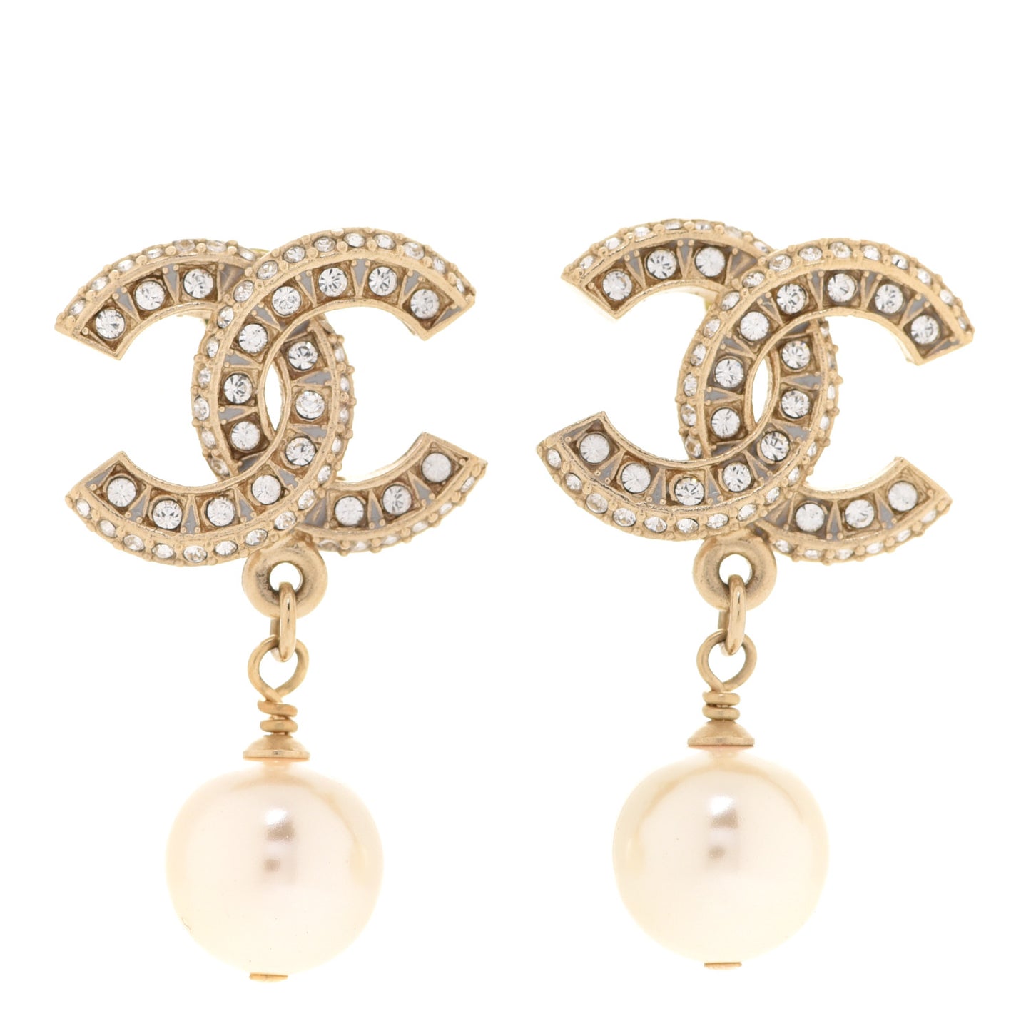 Crystal Pearl CC Drop Earrings Gold