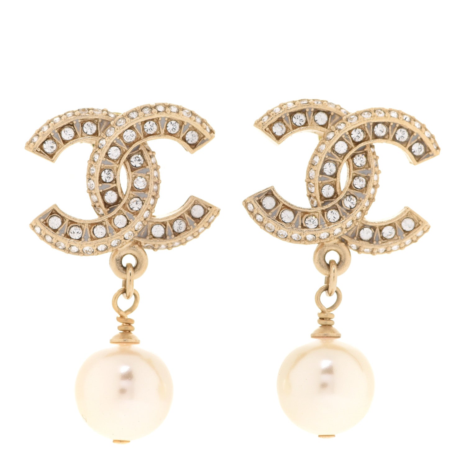 Chanel Crystal Pearl CC Drop Earrings Gold 1 of 5
