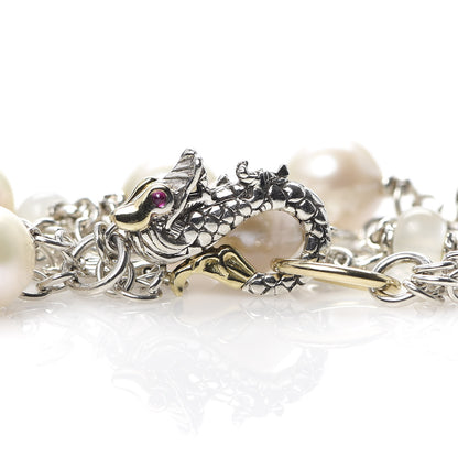 John Hardy Sterling Silver 18k Yellow Gold Pearl Moonstone Ruby Naga Dragon Three Strand Bracelet 4 of 5