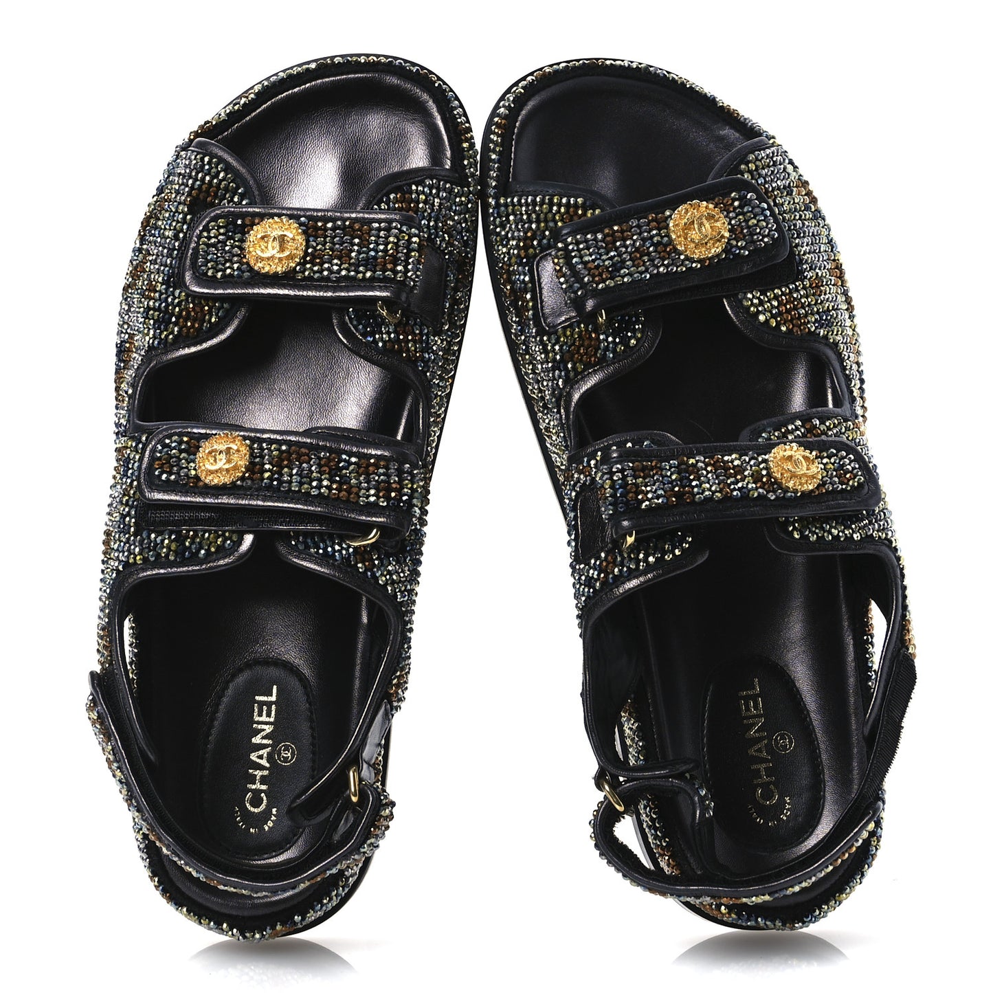 Grained Calfskin Crystal Velcro Dad Sandals 40 Black Multicolor